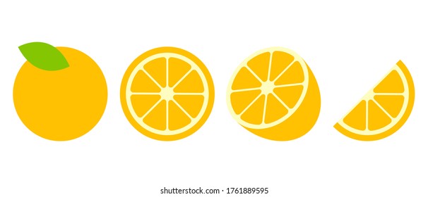 Set Orange fruit and slices on white background. Fresh Oranges.