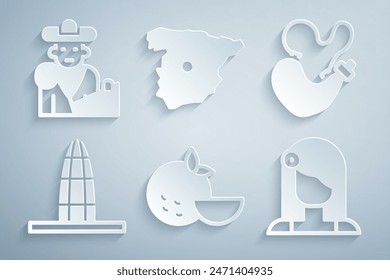 Set Fruta naranja, Bodega española, Torre Agbar, Mujer, Mapa de España y Corrida de Toros, icono matador. Vector