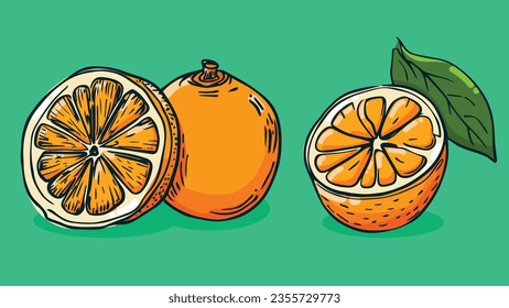 Set of Orange fruit, Vector illustration in one line sketch style, flat hand drawn sketch, Colorful fruit with shadow and light, isolated on colored background.