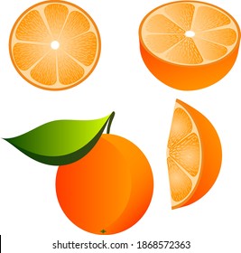 Set of orange fruit whole and cut, vector illustration, white background, for logo, design element