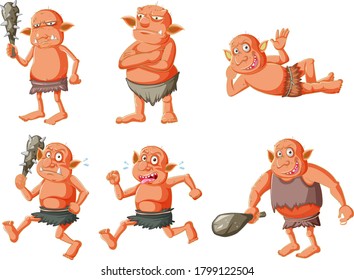 Set of orange goblin or troll in different poses in cartoon character isolated illustration