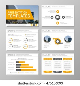 Set von orangefarbenen und grauen Vorlagen für Dias mit multifunktionalen Präsentationen mit Grafiken und Diagrammen. Broschüre, Jahresbericht, Buchcover-Design.