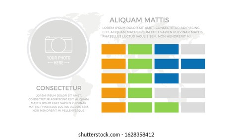 Set of orange and green, blue elements for infographic with world map presentation slides.