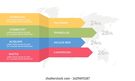 Set of orange and green, blue, red elements for infographic with world map presentation slides.