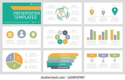 Conjunto de elementos naranja, verde, gris, azul y turquesa para diapositivas de plantilla de presentación multipropósito con gráficos y gráficos.