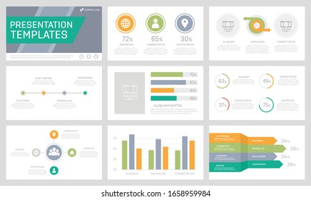 Set of orange, green, grey and turquoise elements for multipurpose presentation template slides with graphs and charts.
