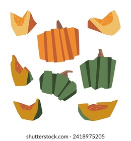 La calabaza y las rodajas. Estilización de figuras. Abstracción. Calabazas naranjas y verdes. Colección de ilustraciones vectoriales.  Punto y líneas. Objetos aislados sobre fondo blanco. 