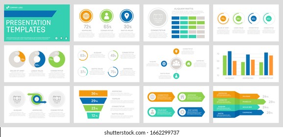 Conjunto de elementos naranja, verde, turquesa y azul para diapositivas de plantilla de presentación multipropósito con gráficos y gráficos.