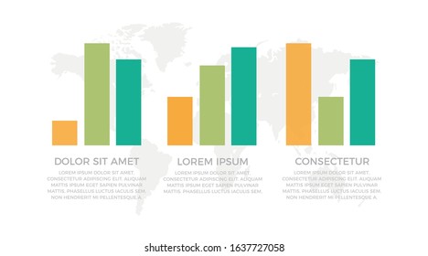 Set of orange, green and turquoise elements for infographic with world map presentation slides.