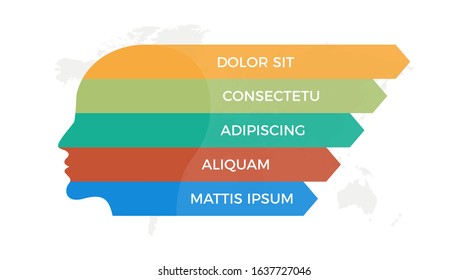 Set of orange, green, turquoise, red and blue elements for infographic with world map presentation slides.
