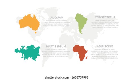 Set of orange, green, turquoise and red elements for infographic with world map presentation slides.