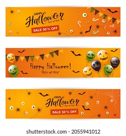 Set of orange Halloween banners. Black spiders, bats and balloons with scary smiles and text Happy Halloween and Sale. Illustration for children's holiday design, decoration, cards, banners, template