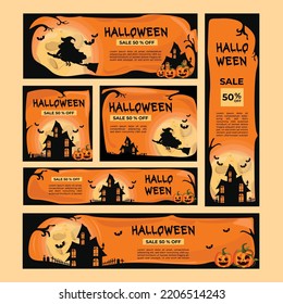 Set of orange Halloween banners with Sales. Spider, bat, balloon with scary smile and Happy Halloween text on pink background.