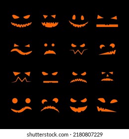 Set of orange halloween pumpkin faces on black background. Icons, holiday masks with eyes and mouths without teeth. Emotion. Vector