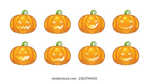 Set of orange halloween pumpkins with carved faces set on white background