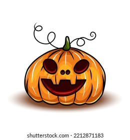 Conjunto de calabazas de Halloween naranja, diferentes tipos de calabazas de dibujos animados. Caras de calabaza de Halloween aterradoras. Ilustración del vector