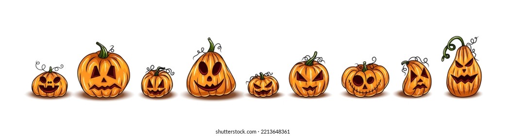 Set of Orange Halloween pumpkins, different types of Cartoon pumpkins. Scary Halloween pumpkin faces. Vector illustration
