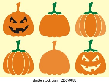 Set of orange halloween pumpkins icons on yellow background