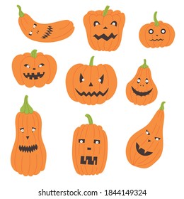 Set of orange halloween pumpkins. Vector bundle of scary pumpkin faces