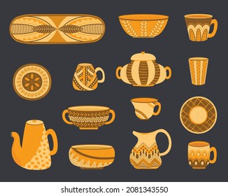 set of orange handmade pottery flat vector illustration. Clean, decorative tableware isolated on a white background. Kitchen utensils and dishes. Restaurant faience.