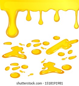 Set of orange honey drops and yellow splashes healthy syrup golden food liquid drip vector illustration. Liquid honey dripping from the top