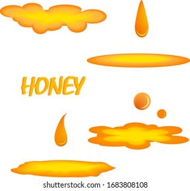 Set of orange honey drops and yellow splashes healthy syrup golden food liquid drip vector illustration.Yellow various forms of puddles, Splash of  black oil 