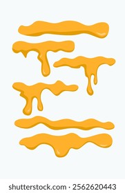 Set of orange honey drops and yellow splashes healthy syrup golden food liquid drip vector illustration.