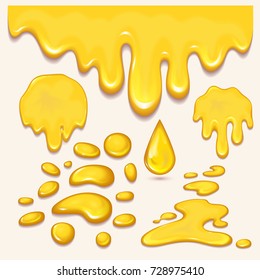 Set of orange honey drops and yellow splashes healthy syrup golden food liquid drip vector illustration.