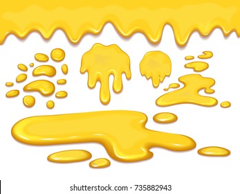 Set of orange honey drops and yellow splashes healthy syrup golden food liquid drip vector illustration.