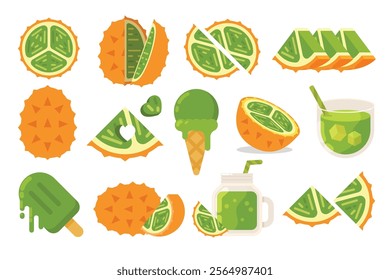 Set of orange Horned Melon, Farm fresh product emblem for grocery shop, collection of ice cream, Juice jar, glass of juice, ice cream cone and stick, simple flat vector illustration of fruits.