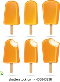 Set of orange ice cream pops on wooden sticks. 