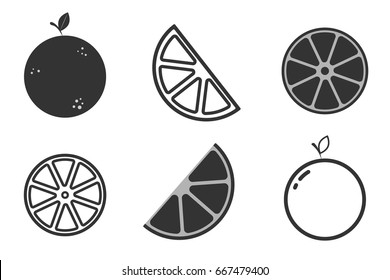 Set orange icons, flat and outline design template, vector illustration