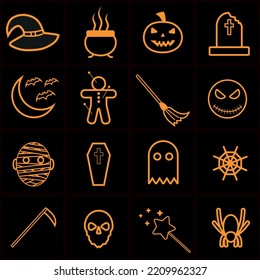 A set of orange icons with images of halloween holiday attributes, pumpkin, evil face, cauldron, etc