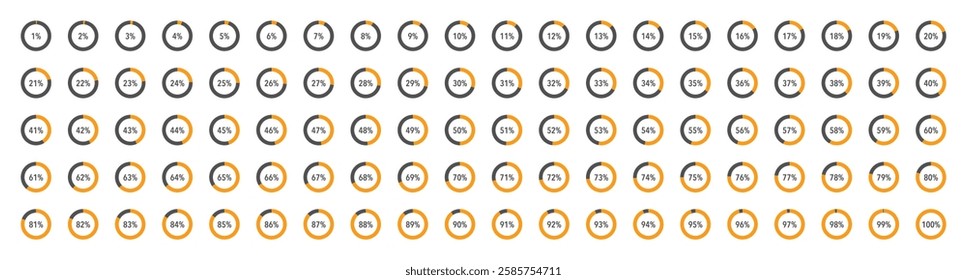 Set of orange infographic pie charts, segment of circle icons 0% - 100%, simple flat design loading data interface elements app button ui ux web, vector isolated on white background