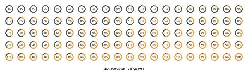 Set of orange infographic pie charts, segment of circle icons 0% - 100%, simple flat design loading data interface elements app button ui ux web, vector isolated on white background