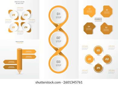 Set of orange infographic templates with 3 and 4 options, parts or processes.