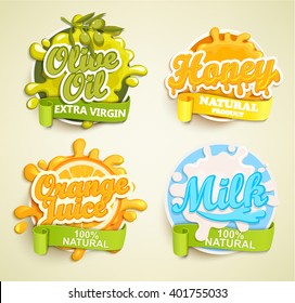 Set of orange juece, olive oil, honey, lime  labels splash. Lettering and blot design, shape creative vector illustration.