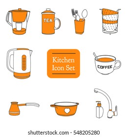 Set of orange kitchen icons. Vector Illustration Isolated on white background