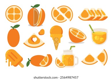 Set of orange Kumquat, Farm fresh Kumquat product emblem for grocery shop, collection of ice cream, Juice jar, glass of juice, ice cream cone and stick, simple flat vector illustration of fruits.