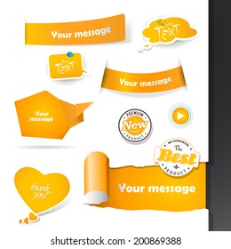 Set of orange labels and paper badges.