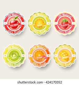 Set of orange, lemon, strawberry, kiwi, apple, mango juice,smoothie, milk, cocktail and fresh labels splash. sticker, advertisement concept vector illustration.