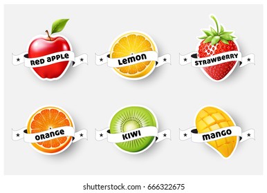 Set of orange, lemon, strawberry, kiwi, apple, mango juice,smoothie, milk, cocktail and fresh labels splash. sticker, advertisement concept vector illustration