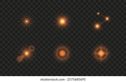 A set of orange light effects on a dark background. Collection of vector flares. Yellow glare. Vector illustration EPS10