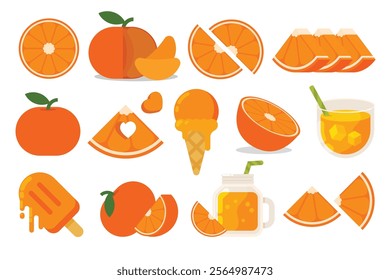 Set of orange Mandarin, Farm fresh Tangerine product emblem for grocery shop, collection of ice cream, Juice jar, glass of juice, ice cream cone and stick, simple flat vector illustration of fruits.