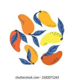 Set orange mango and blue leaf. Hand drawn yellow mango isolated on white background. for fabric, drawing labels, print, wallpaper of children's room, fruit background