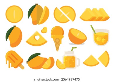 Set of orange Mango, Farm fresh Mango product emblem for grocery shop, collection of ice cream, Juice jar, glass of juice, ice cream cone and stick, simple flat vector illustration of fruits.