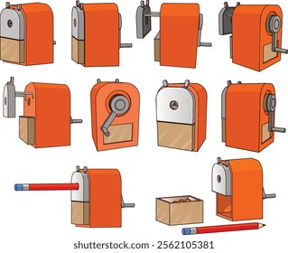 A set of orange mechanical sharpeners viewed from different angles.