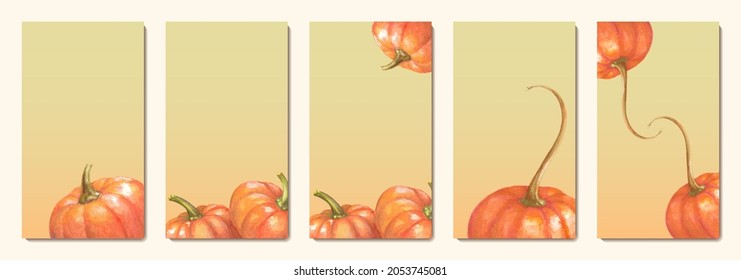 Set of orange mobile background or template with pumpkins. Watercolor pumpkin close-up on a light orange background. Social network stories template. Mobile phone vertical banner. Vector illustration.