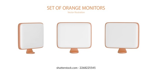  Set of orange monitors display at different position.  Cartoon 3d monitors. 
 Realistic cartoon  computer monitor icons . Screen mockup. 3D vector illustration