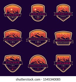 set of Orange outdoor and adventure logo badge template for mountaineering, scout, Forest ranger, outdoor gear shop with vintage shield style and colorful.